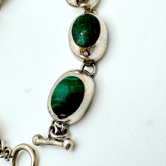 Vtg Mexico 925 Sterling Silver Malachite Bracelet 7.5 Oval Links Toggle Clasp - Picture 6 of 13